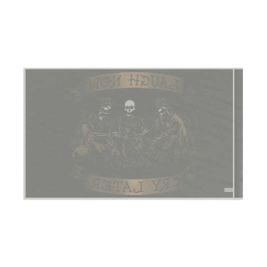 Ben Cantwell Art Laugh Now Cry Later Skeletons flag for home decor featuring humorous skeleton design on fabric.