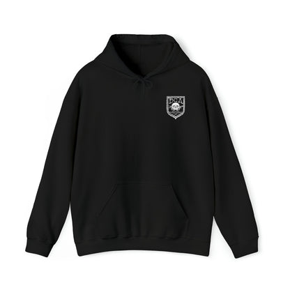 Ben Cantwell Art Free College Cross hoodie, black casual hoodie with a printed college cross graphic on the front.