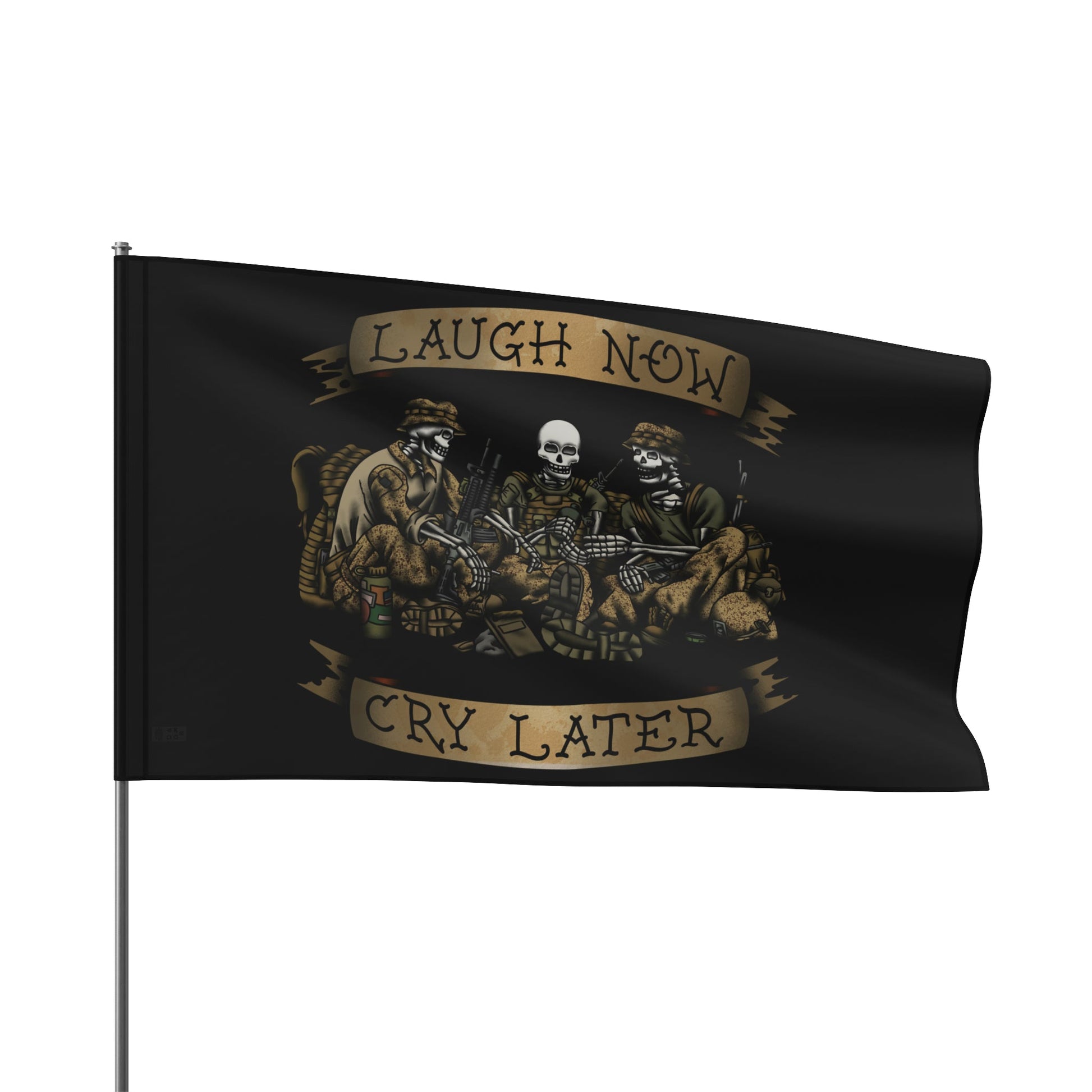 Ben Cantwell Art Laugh Now Cry Later Skeletons flag as home decor, featuring detailed skeleton design on fabric for wall display.