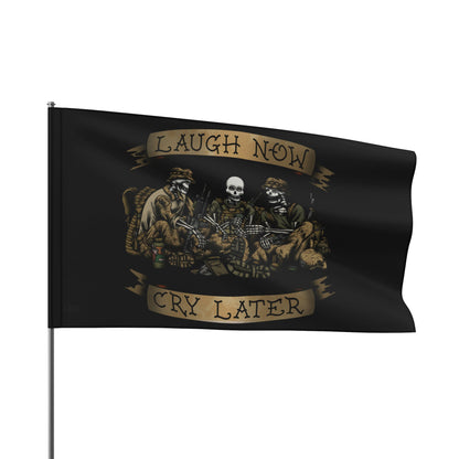 Ben Cantwell Art Laugh Now Cry Later Skeletons flag as home decor, featuring detailed skeleton design on fabric for wall display.