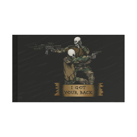 "Ben Cantwell Art 'I Got Your Back' skeletons flag, vibrant home decor with playful skeleton design for wall display."