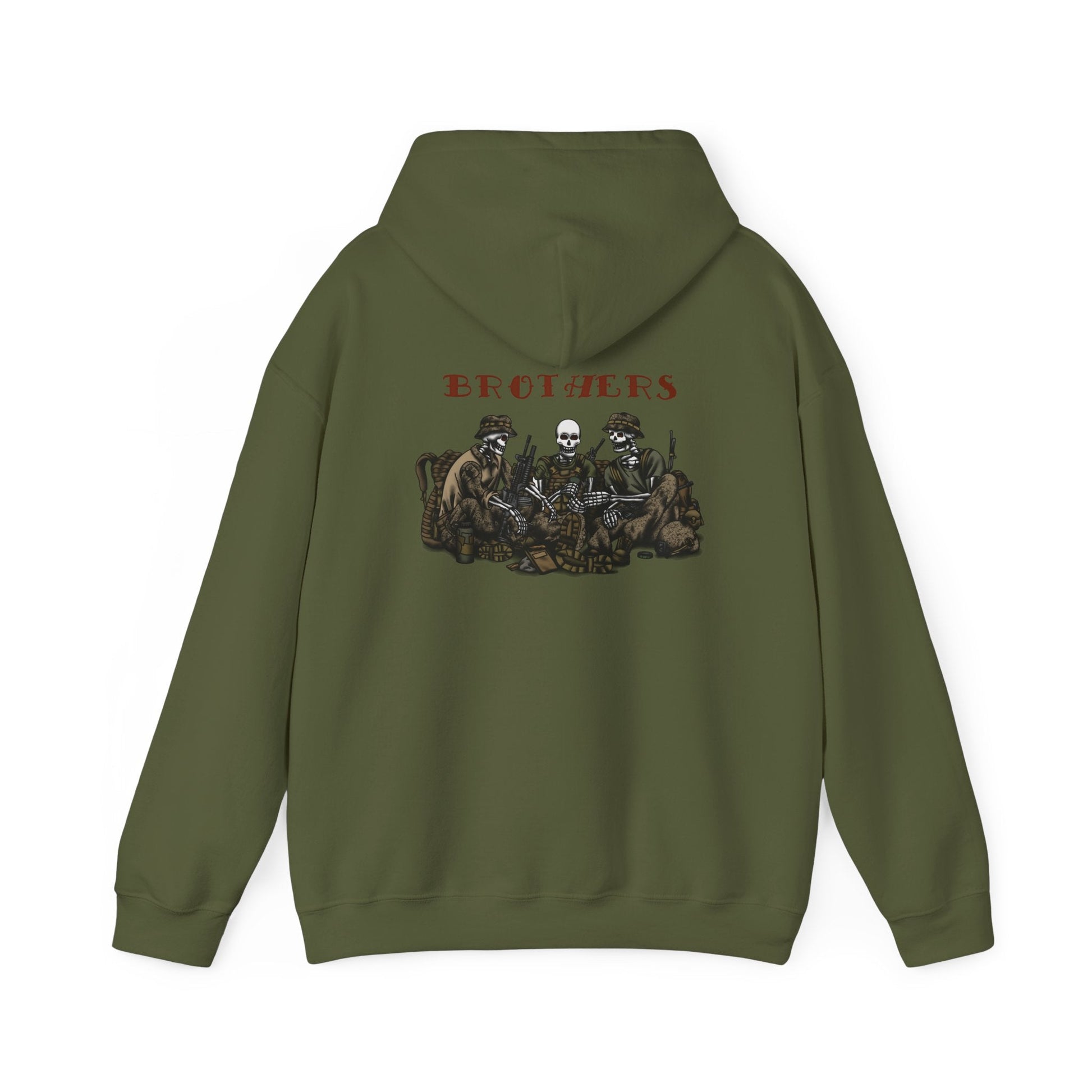 Skeleton Brothers remastered hoodie by Ben Cantwell Art, featuring detailed skeleton design on a comfortable black hoodie.