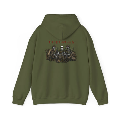 Skeleton Brothers remastered hoodie by Ben Cantwell Art, featuring detailed skeleton design on a comfortable black hoodie.