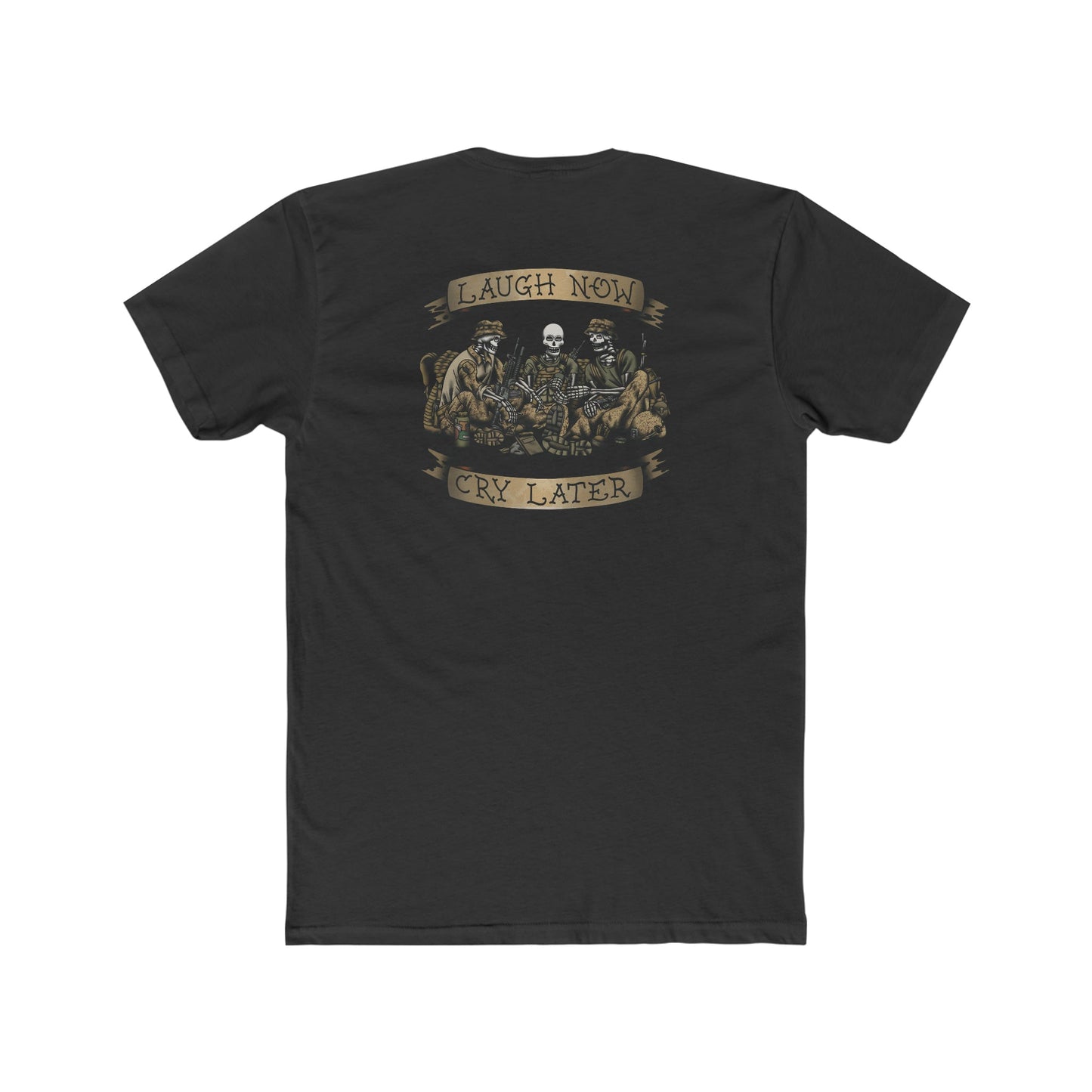 Ben Cantwell Art Laugh Now Cry Later Skeletons crew T-shirt featuring graphic skeleton design on white cotton fabric.