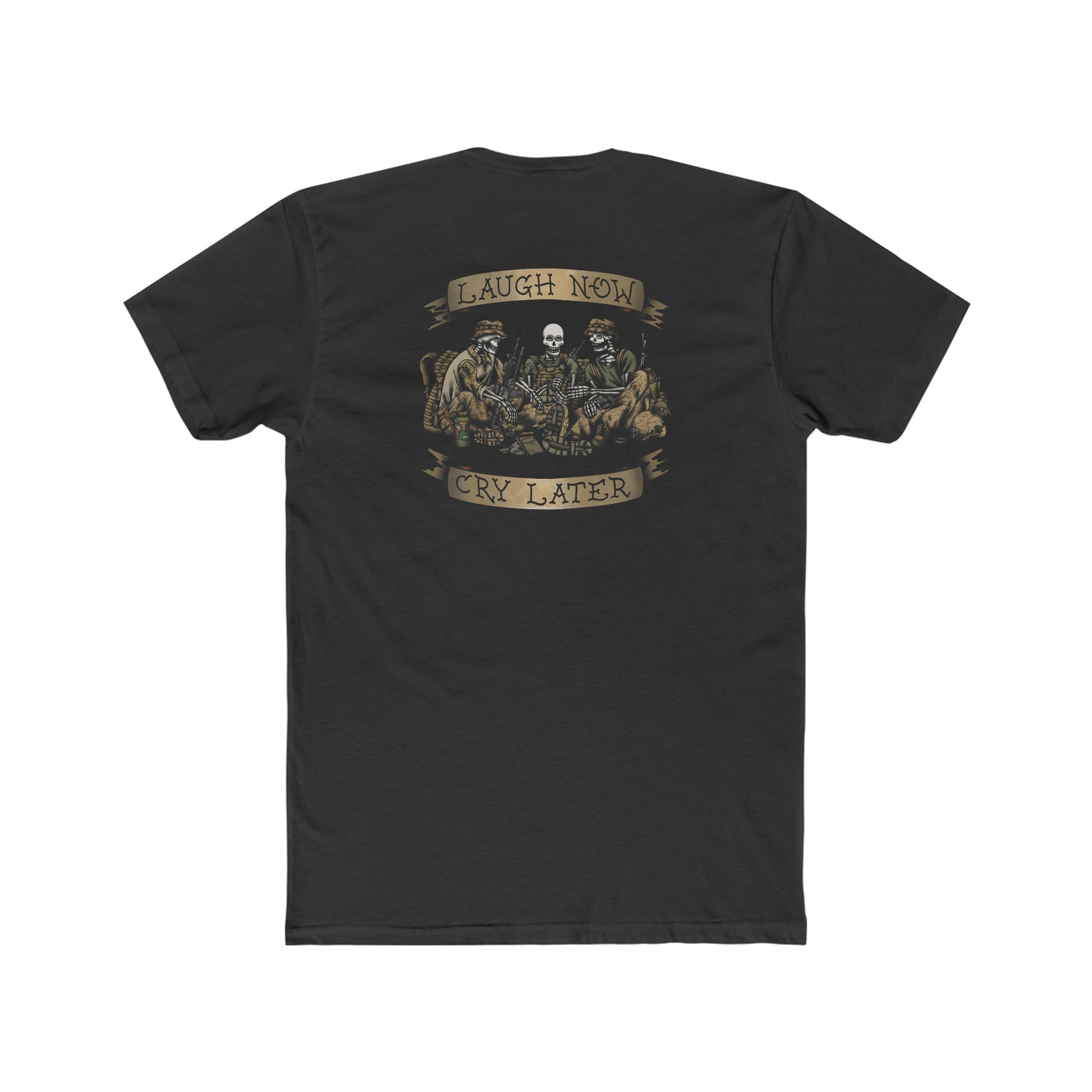 Ben Cantwell Art Laugh Now Cry Later Skeletons crew T-shirt featuring graphic skeleton design on white cotton fabric.