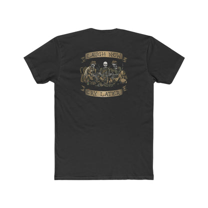 Ben Cantwell Art Laugh Now Cry Later Skeletons crew T-shirt featuring graphic skeleton design on white cotton fabric.