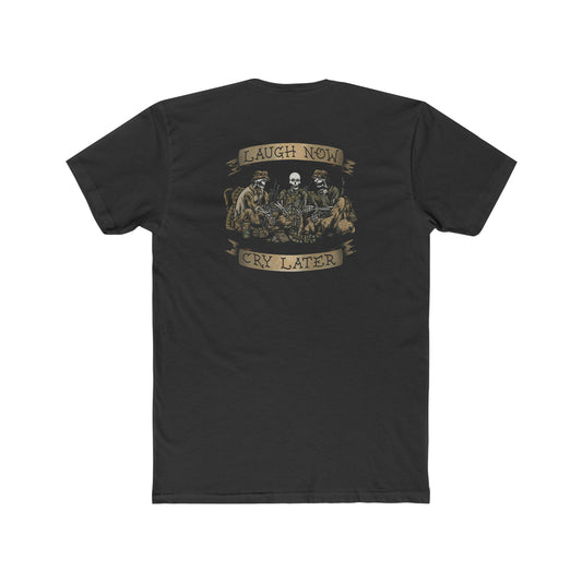 Ben Cantwell Art Laugh Now Cry Later Skeletons crew T-shirt featuring graphic skeleton design on white cotton fabric.