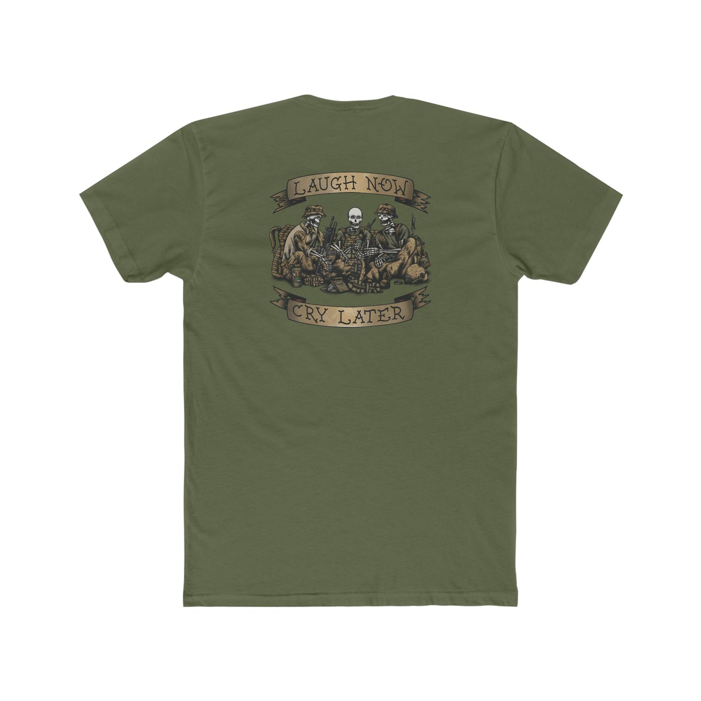 Ben Cantwell Art Laugh Now Cry Later Skeletons crew T-shirt featuring a graphic design on a casual black crew neck tee.