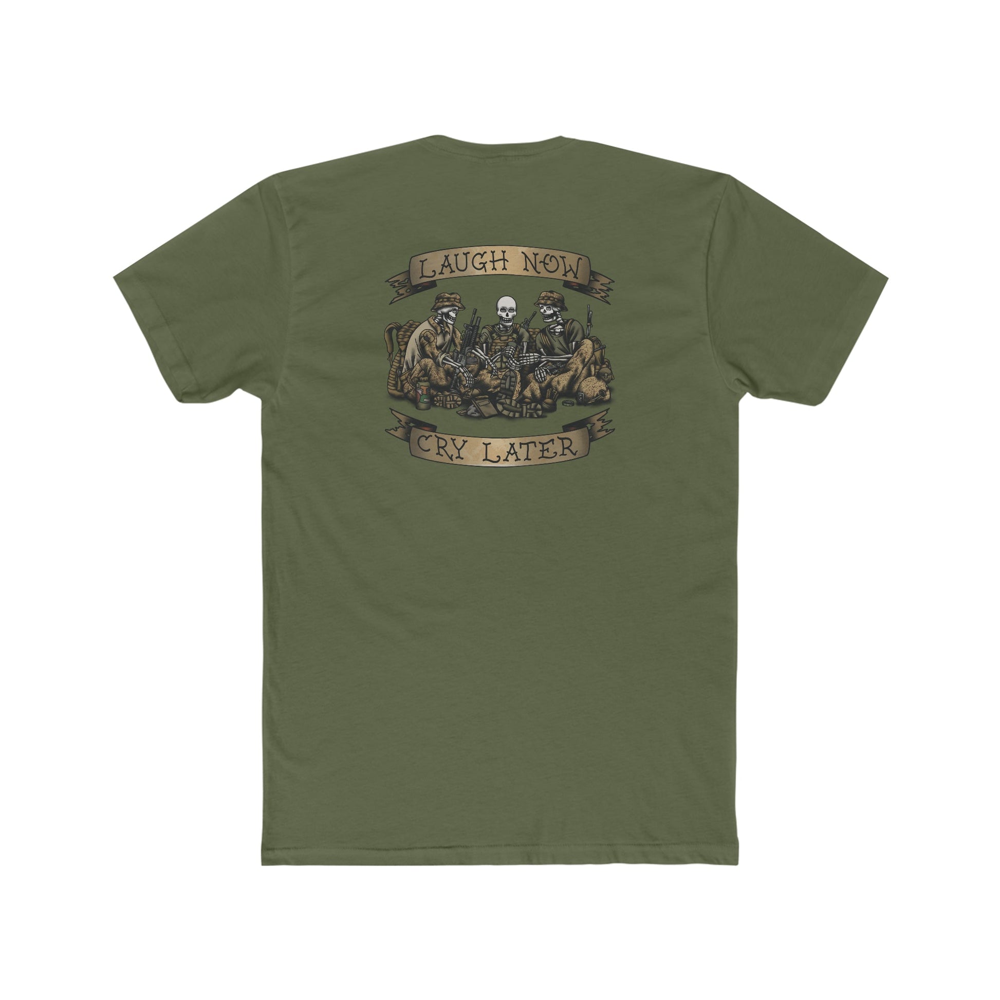 Ben Cantwell Art Laugh Now Cry Later Skeletons crew T-shirt featuring a graphic design on a casual black crew neck tee.
