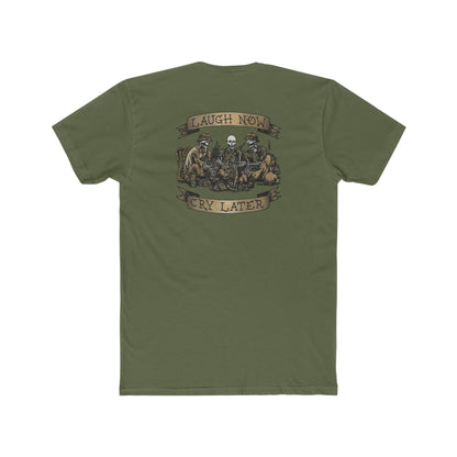 Ben Cantwell Art Laugh Now Cry Later Skeletons crew T-shirt featuring a graphic design on a casual black crew neck tee.
