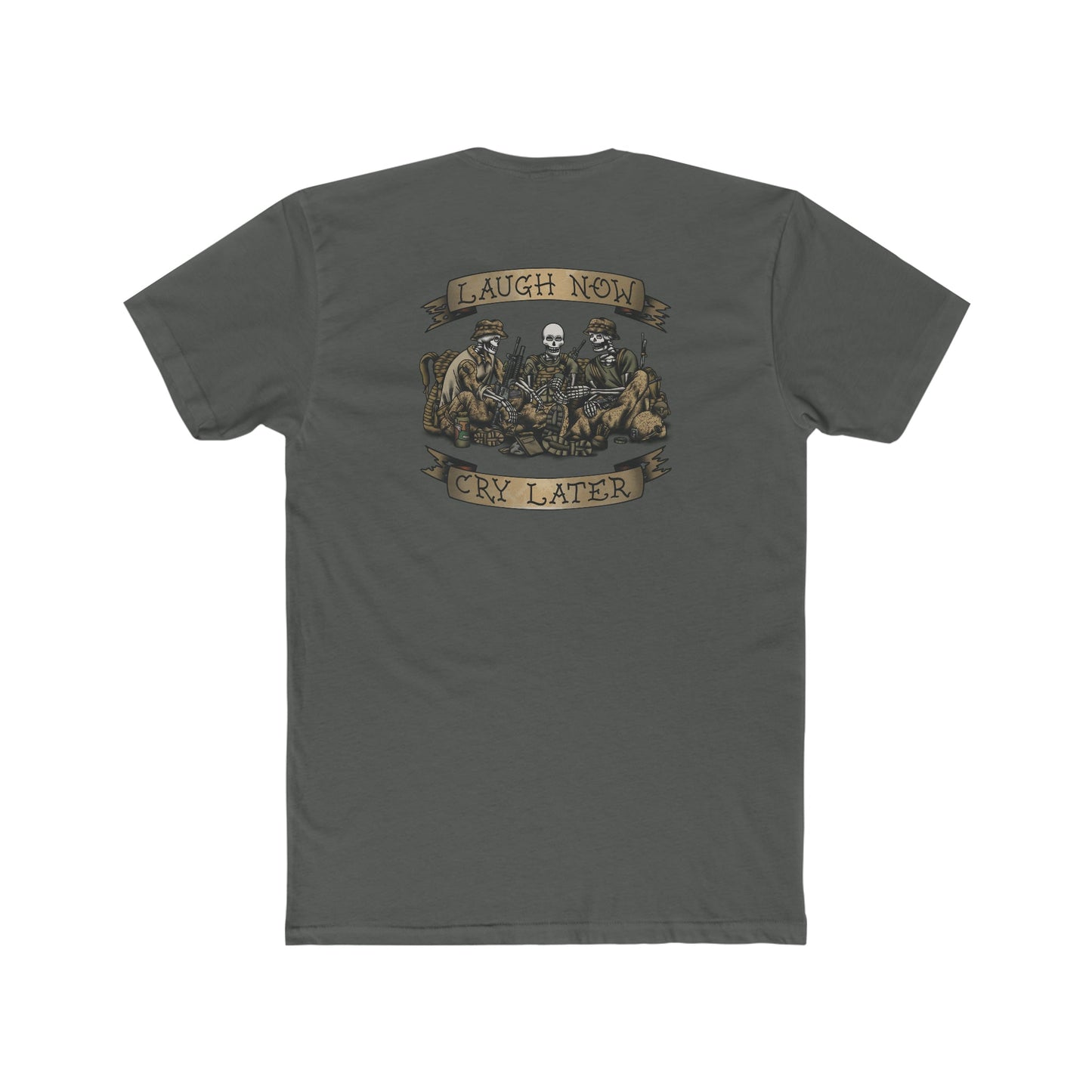 Ben Cantwell Art Laugh Now Cry Later Skeletons crew t-shirt featuring a graphic print of skeletons with contrasting text on a dark fabric background.