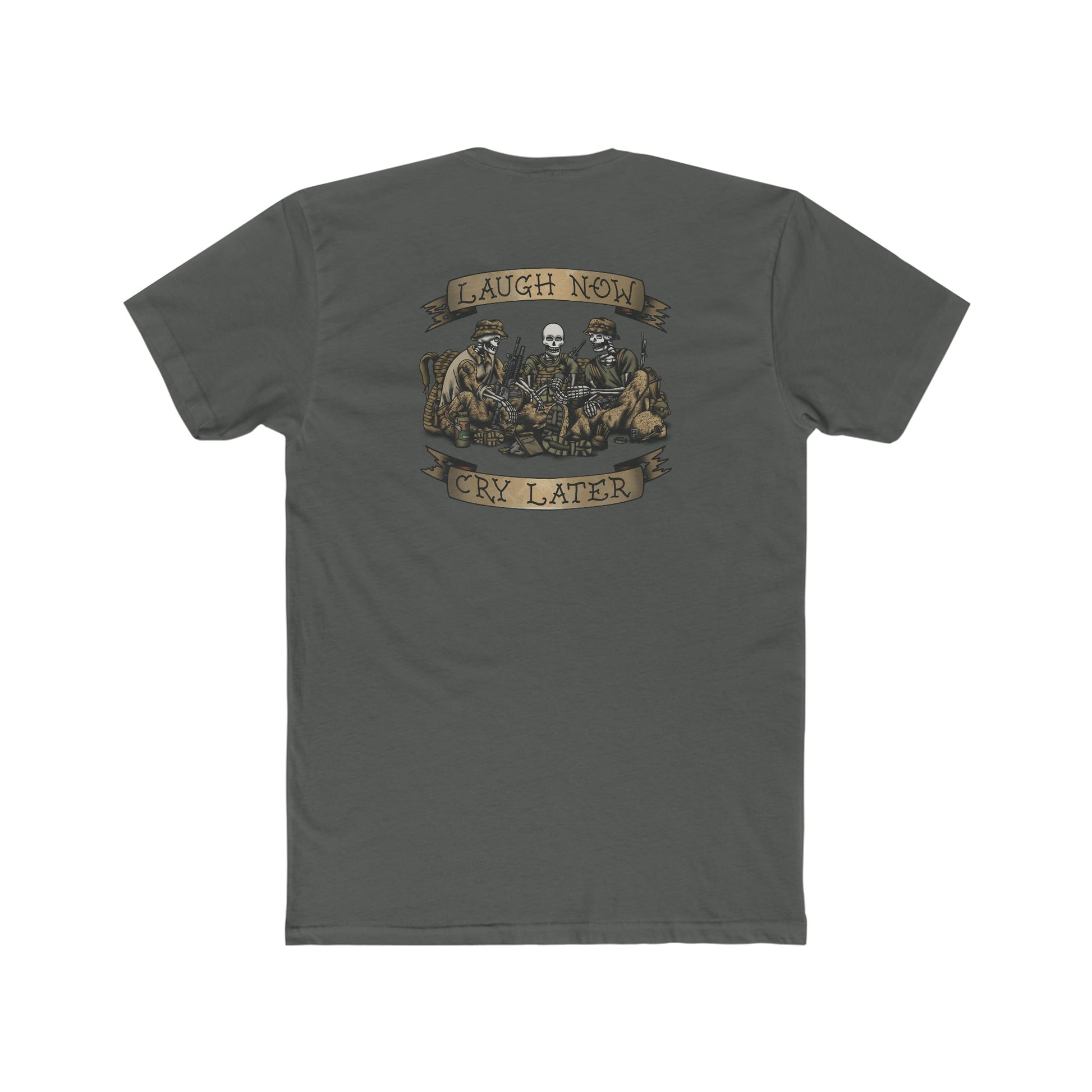 Ben Cantwell Art Laugh Now Cry Later Skeletons crew t-shirt featuring a graphic print of skeletons with contrasting text on a dark fabric background.