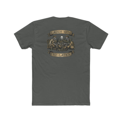 Ben Cantwell Art Laugh Now Cry Later Skeletons crew t-shirt featuring a graphic print of skeletons with contrasting text on a dark fabric background.