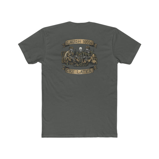 Ben Cantwell Art Laugh Now Cry Later Skeletons crew t-shirt featuring a graphic print of skeletons with contrasting text on a dark fabric background.