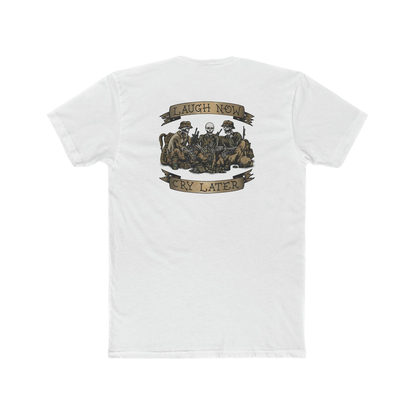 Ben Cantwell Art Laugh Now Cry Later Skeletons crew T-shirt featuring skeleton graphic on black fabric.