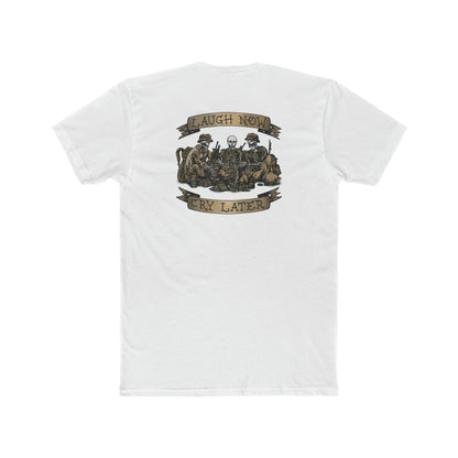 Ben Cantwell Art Laugh Now Cry Later Skeletons crew T-shirt featuring skeleton graphic on black fabric.