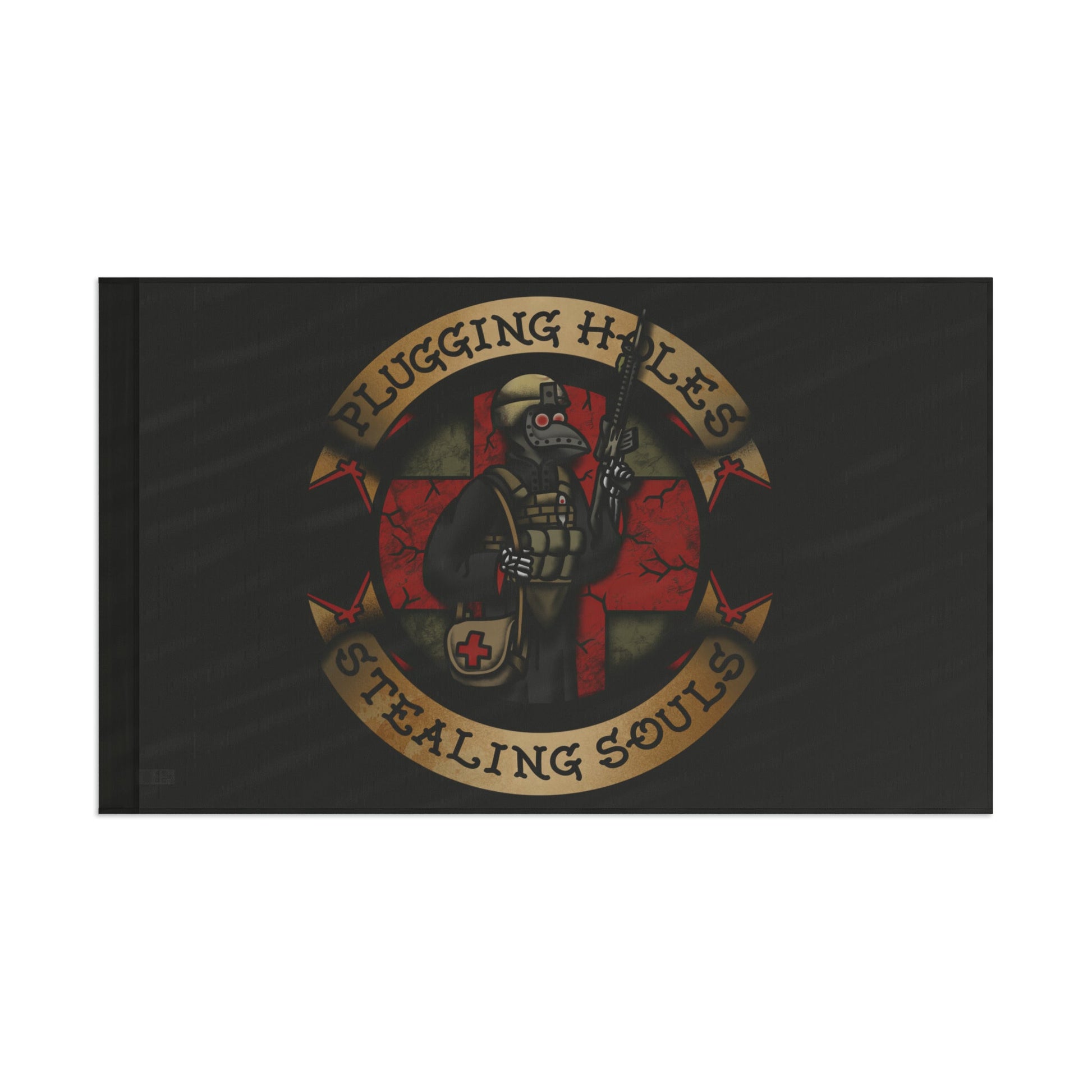 Ben Cantwell Art "Pluggin' Holes and Stealin' Souls" remastered flag, vibrant home decor with detailed design and bold colors.