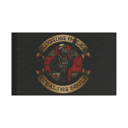 Ben Cantwell Art "Pluggin' Holes and Stealin' Souls" remastered flag, vibrant home decor with detailed design and bold colors.