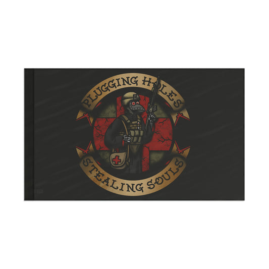 Ben Cantwell Art "Pluggin' Holes and Stealin' Souls" remastered flag, vibrant home decor with detailed design and bold colors.