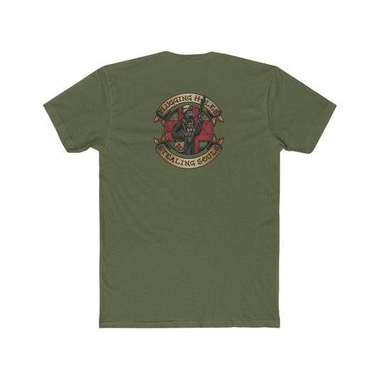 Ben Cantwell Art Crew T-Shirt featuring "Pluggin' Holes and Stealin' Souls" remastered design, black cotton fabric, front graphic.
