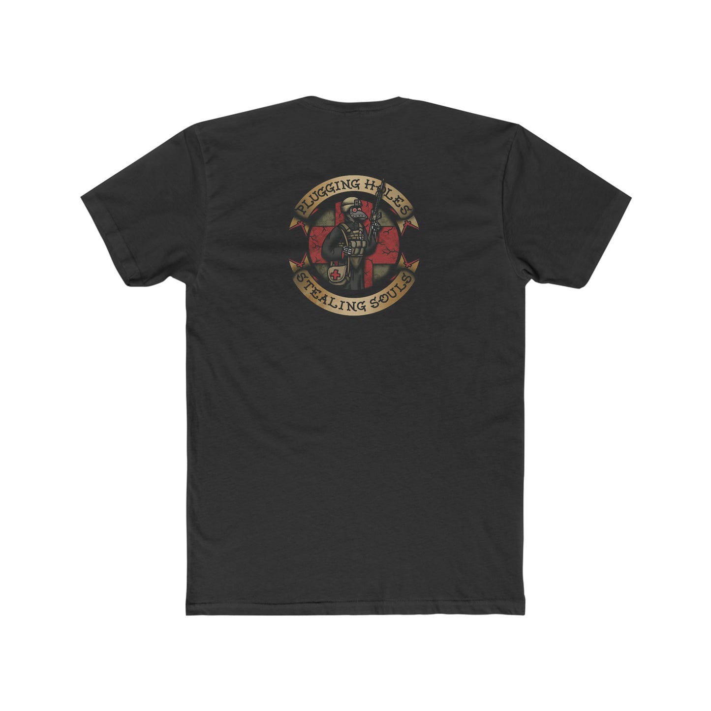 Ben Cantwell Art crew t-shirt featuring Pluggin' Holes and Stealin' Souls Remastered artwork in vibrant colors.