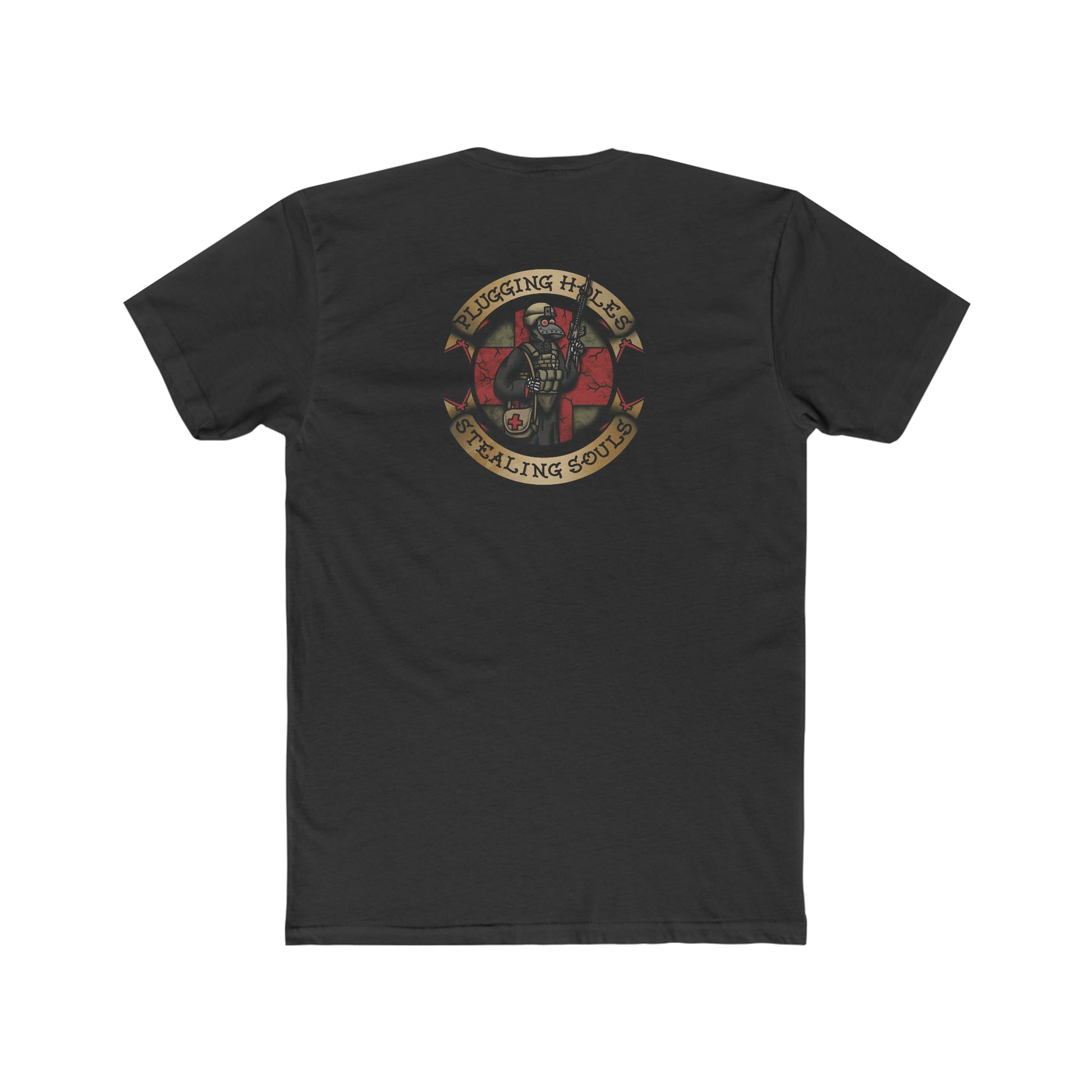 Ben Cantwell Art crew t-shirt featuring Pluggin' Holes and Stealin' Souls Remastered artwork in vibrant colors.