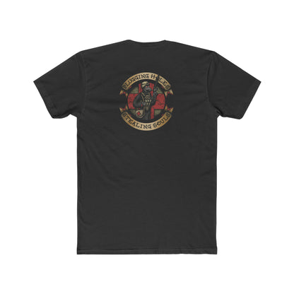 Ben Cantwell Art crew t-shirt featuring Pluggin' Holes and Stealin' Souls Remastered artwork in vibrant colors.