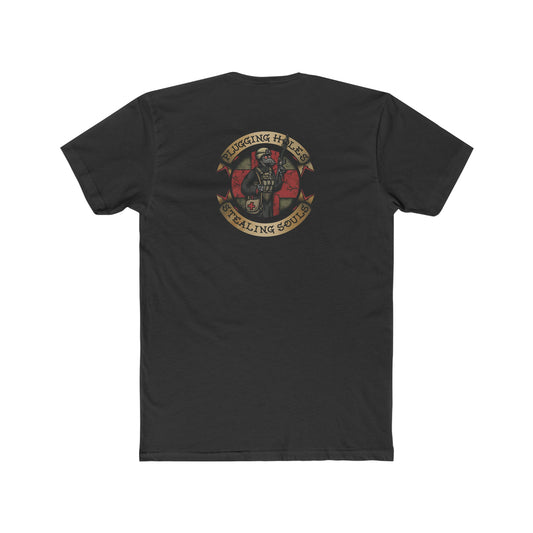 Ben Cantwell Art crew t-shirt featuring Pluggin' Holes and Stealin' Souls Remastered artwork in vibrant colors.