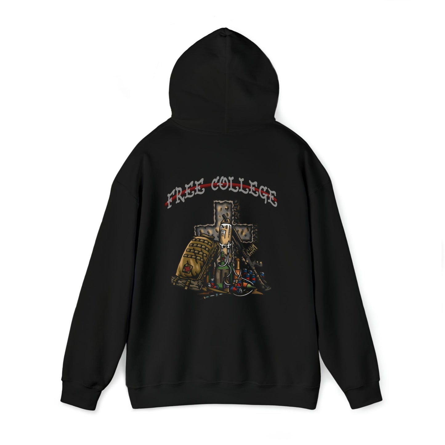 Ben Cantwell Art Free College Cross hoodie, soft black hoodie with white college cross graphic on front, casual and comfortable.
