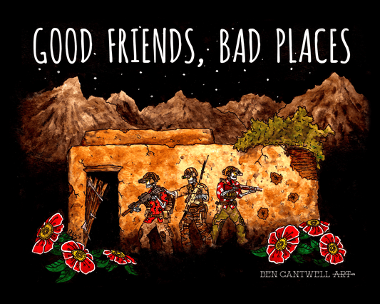 Print titled "Good Friends, Bad Places" by Ben Cantwell Art, featuring a vibrant and detailed scene with friends in a colorful setting.