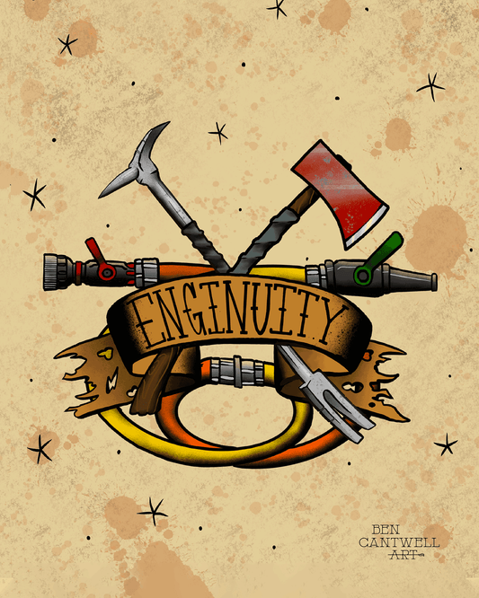 Print of Enginuity featuring an axe and Halligan tool, artist Ben Cantwell Art, showcasing detailed fire rescue equipment.