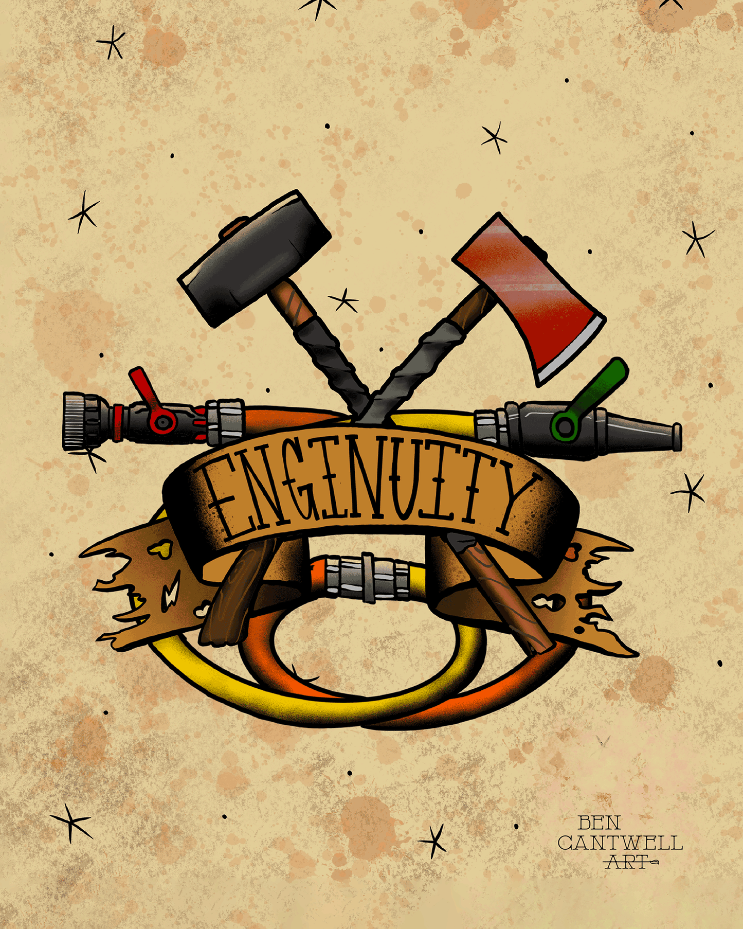 Print of Enginuity artwork by Ben Cantwell featuring an axe and sledgehammer in a detailed, artistic design.