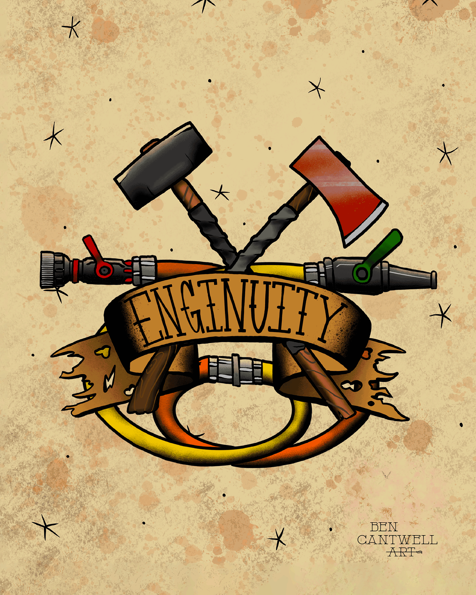 Print of Enginuity artwork by Ben Cantwell featuring an axe and sledgehammer in a detailed, artistic design.