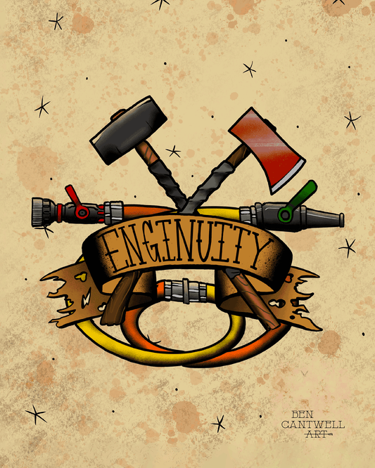 Print of Enginuity artwork by Ben Cantwell featuring an axe and sledgehammer in a detailed, artistic design.