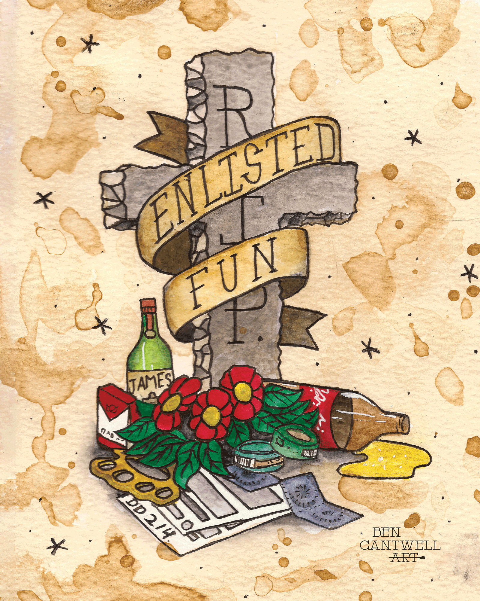 Colorful print titled "Enlisted Fun" by Ben Cantwell Art featuring playful military-themed illustrations on high-quality paper.
