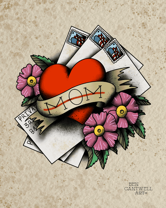 Print titled "Mom" by Ben Cantwell Art, featuring a heartfelt Mother's Day design with artistic lettering.