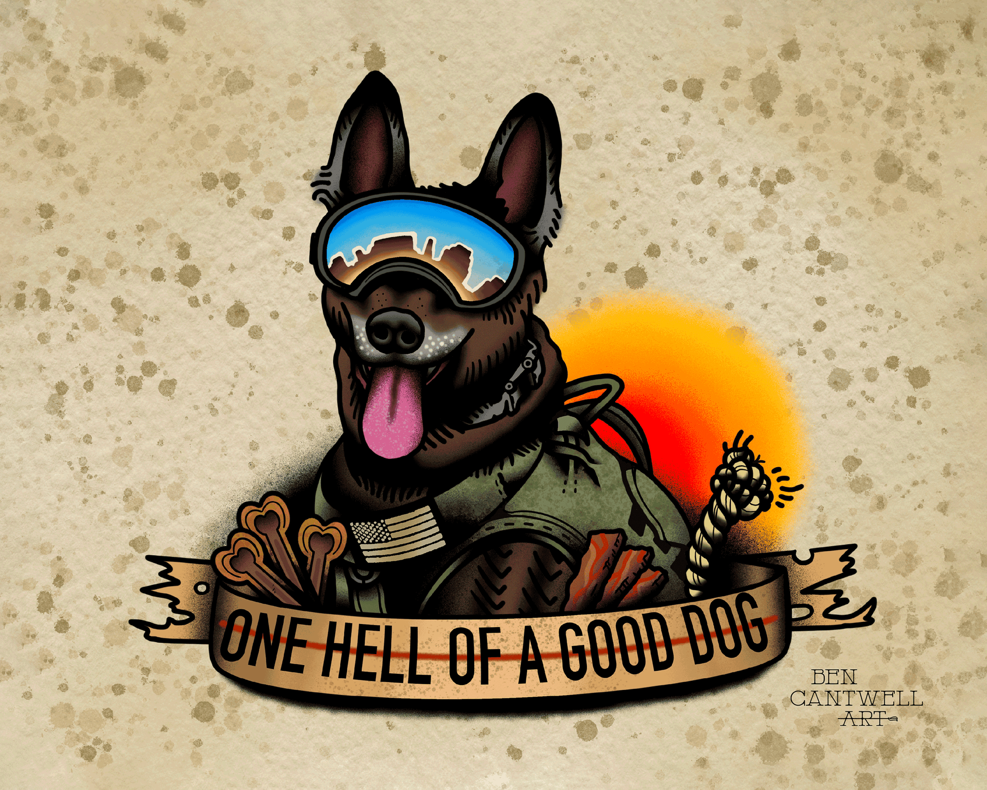 Print titled "One Hell of a Good Dog K9" by Ben Cantwell Art featuring a bold, artistic depiction of a loyal dog.