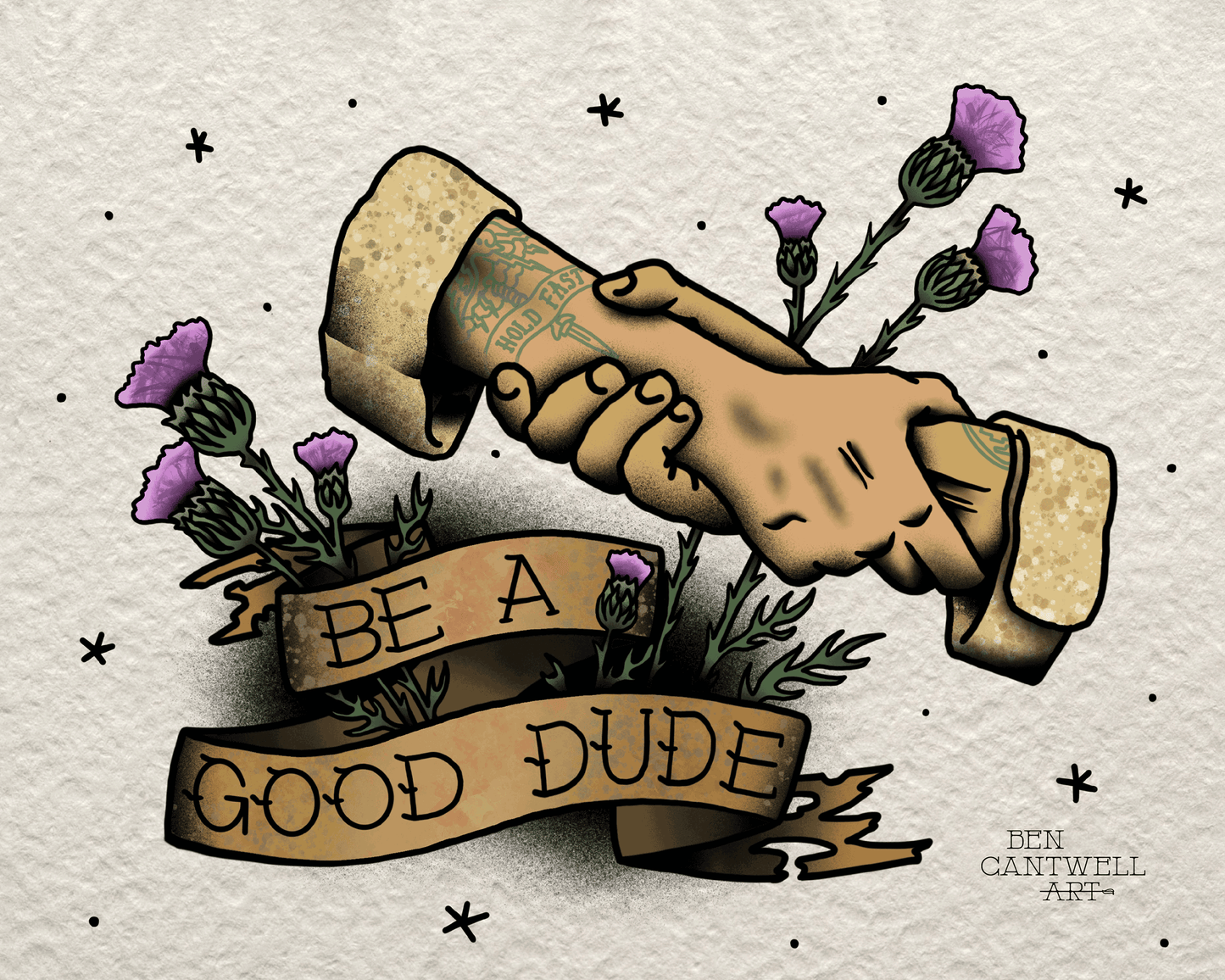 Print by Ben Cantwell Art titled "Be a Good Dude" featuring a colorful, inspirational illustration of a friendly character.