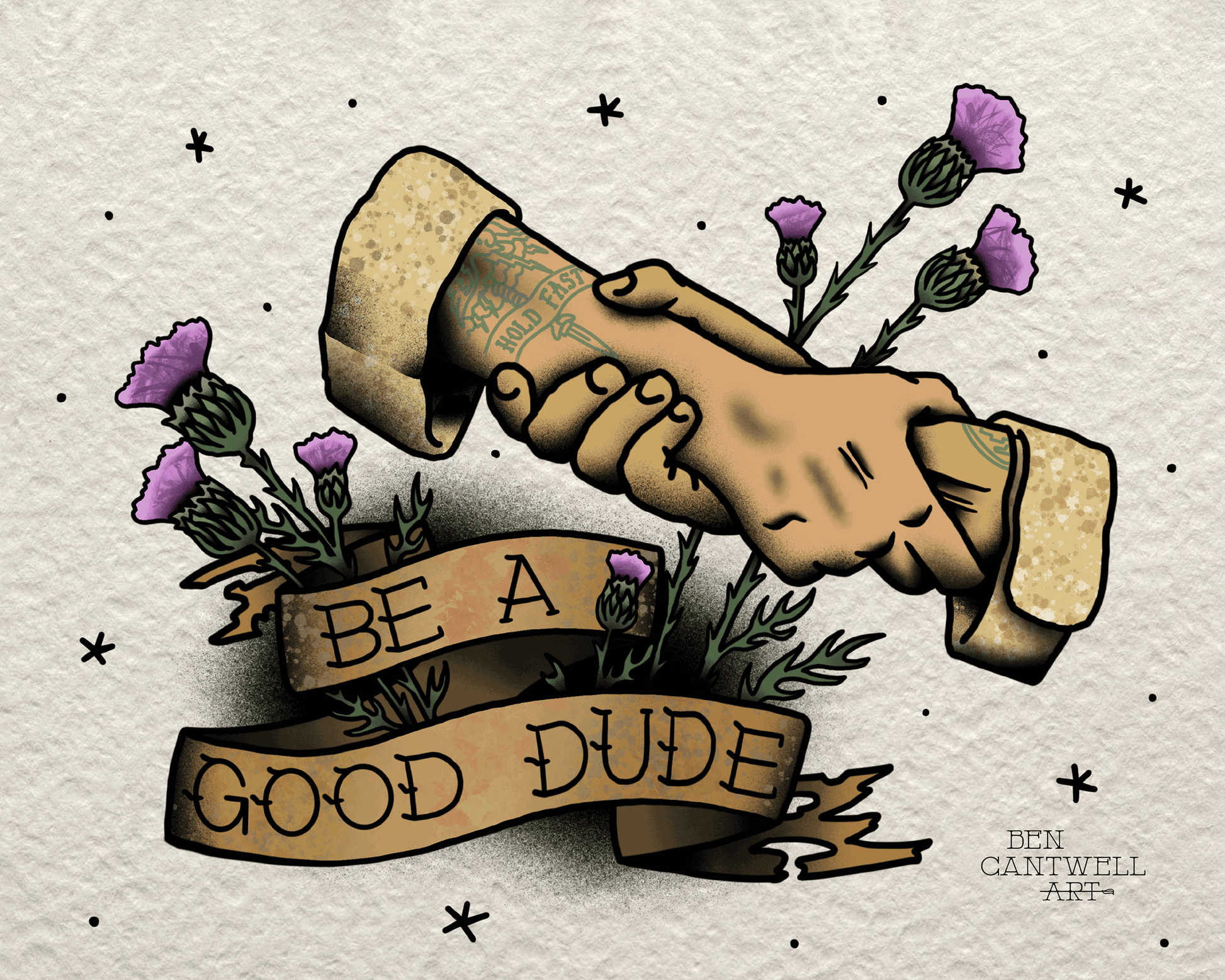 Print by Ben Cantwell Art titled "Be a Good Dude" featuring a colorful, inspirational illustration of a friendly character.