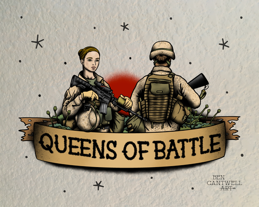 Print titled Queens of Battle by Ben Cantwell Art, featuring detailed artwork of powerful female warriors.