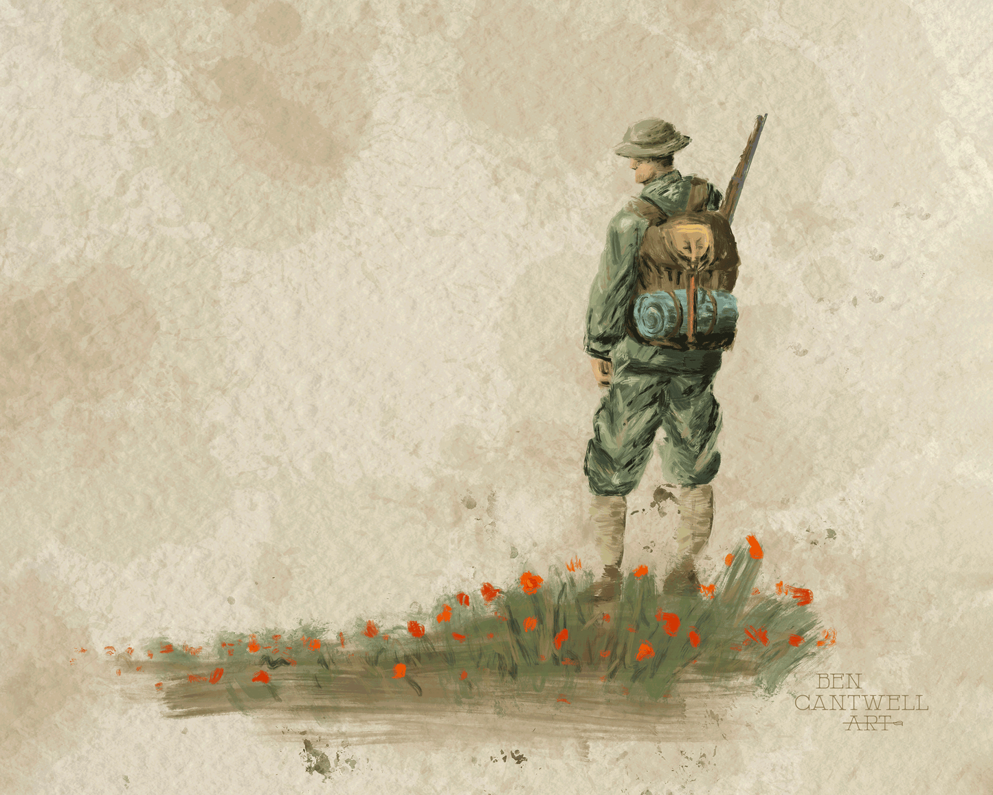 Print by Ben Cantwell Art of a WW1 soldier in uniform surrounded by poppies, capturing a poignant wartime scene.
