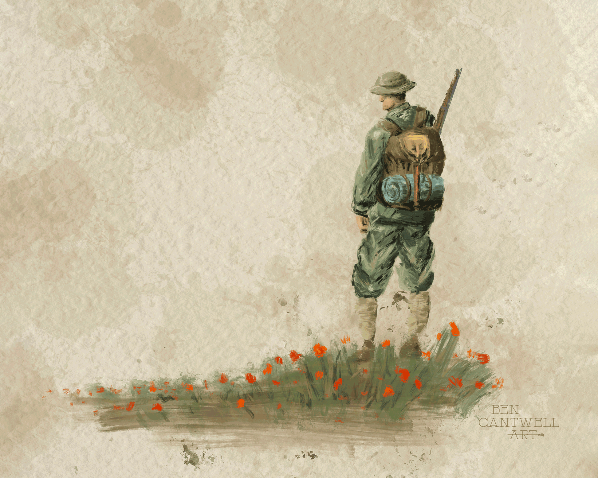 Print by Ben Cantwell Art of a WW1 soldier in uniform surrounded by poppies, capturing a poignant wartime scene.