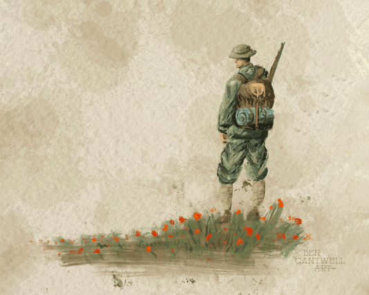Print by Ben Cantwell Art of a WW1 soldier in uniform surrounded by poppies, capturing a poignant wartime scene.