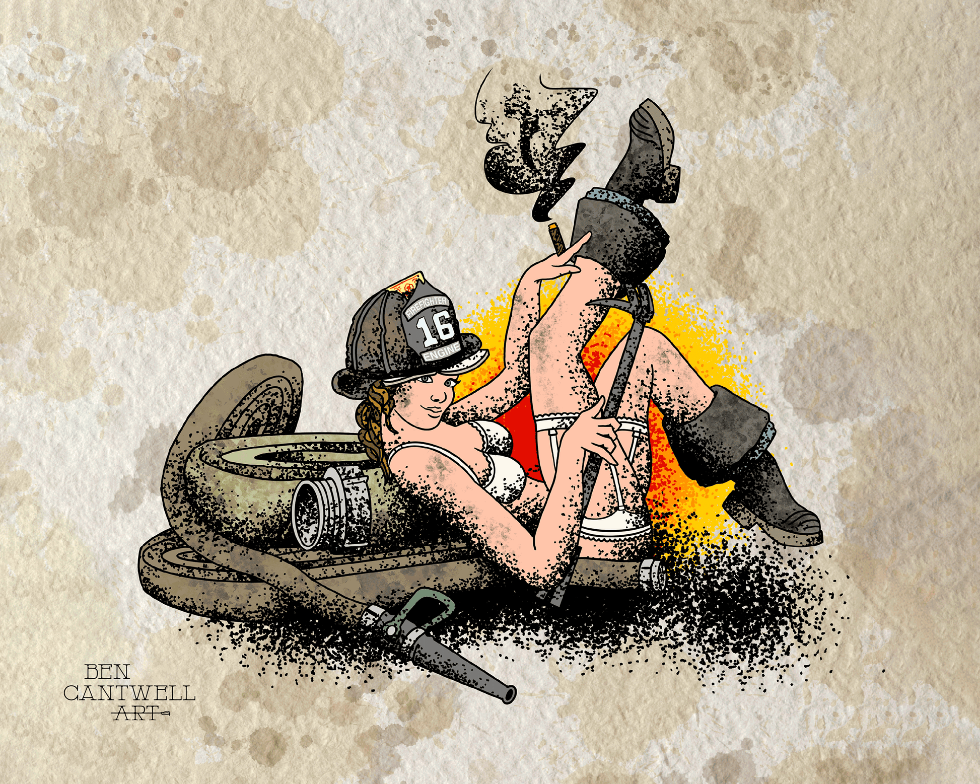 Print of a firefighter pin-up art by Ben Cantwell Art featuring a vintage-style firefighter illustration.
