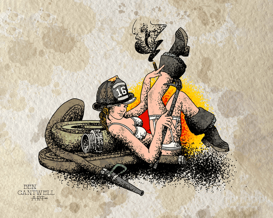 Print of a firefighter pin-up art by Ben Cantwell Art featuring a vintage-style firefighter illustration.
