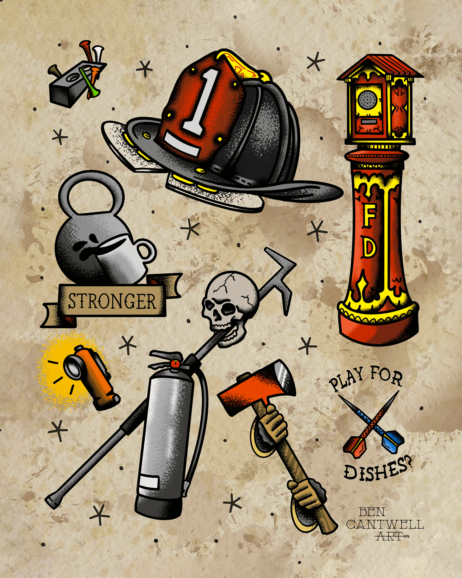 Firefighter tattoo flash print by Ben Cantwell Art featuring detailed firefighter illustrations on white paper.