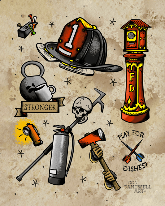 Firefighter tattoo flash print by Ben Cantwell Art featuring detailed firefighter illustrations on white paper.