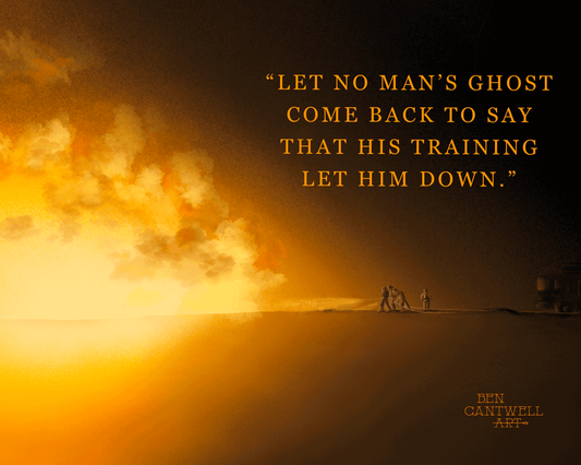 Print titled "Let No Man's Ghost" by Ben Cantwell Art features a firefighter in uniform with a fiery background.