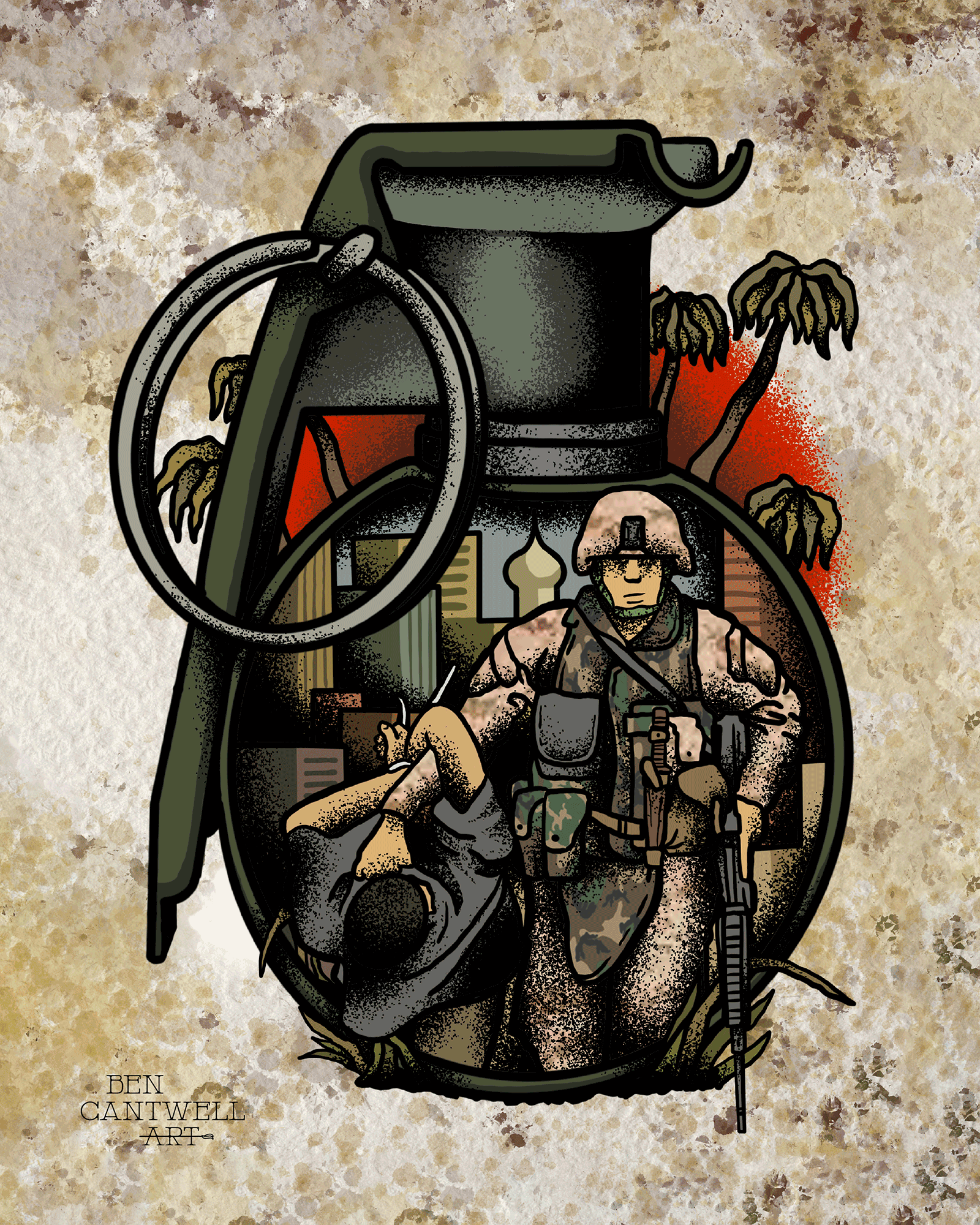 Marine print artwork titled "No Better Friend, No Worse Enemy" by Ben Cantwell Art, featuring a detailed marine illustration.