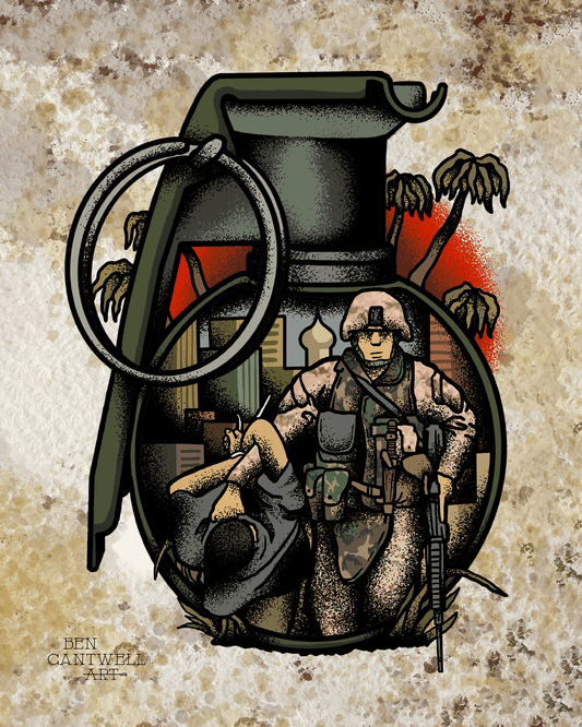 Marine print artwork titled "No Better Friend, No Worse Enemy" by Ben Cantwell Art, featuring a detailed marine illustration.